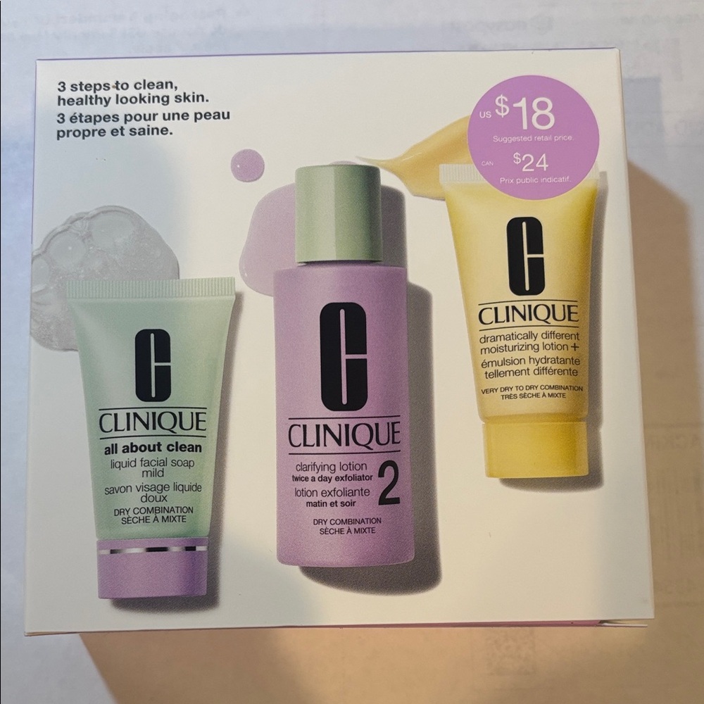 Clinique Skincare Essentials Set 
Cleanser 
Toner
Moisturizer